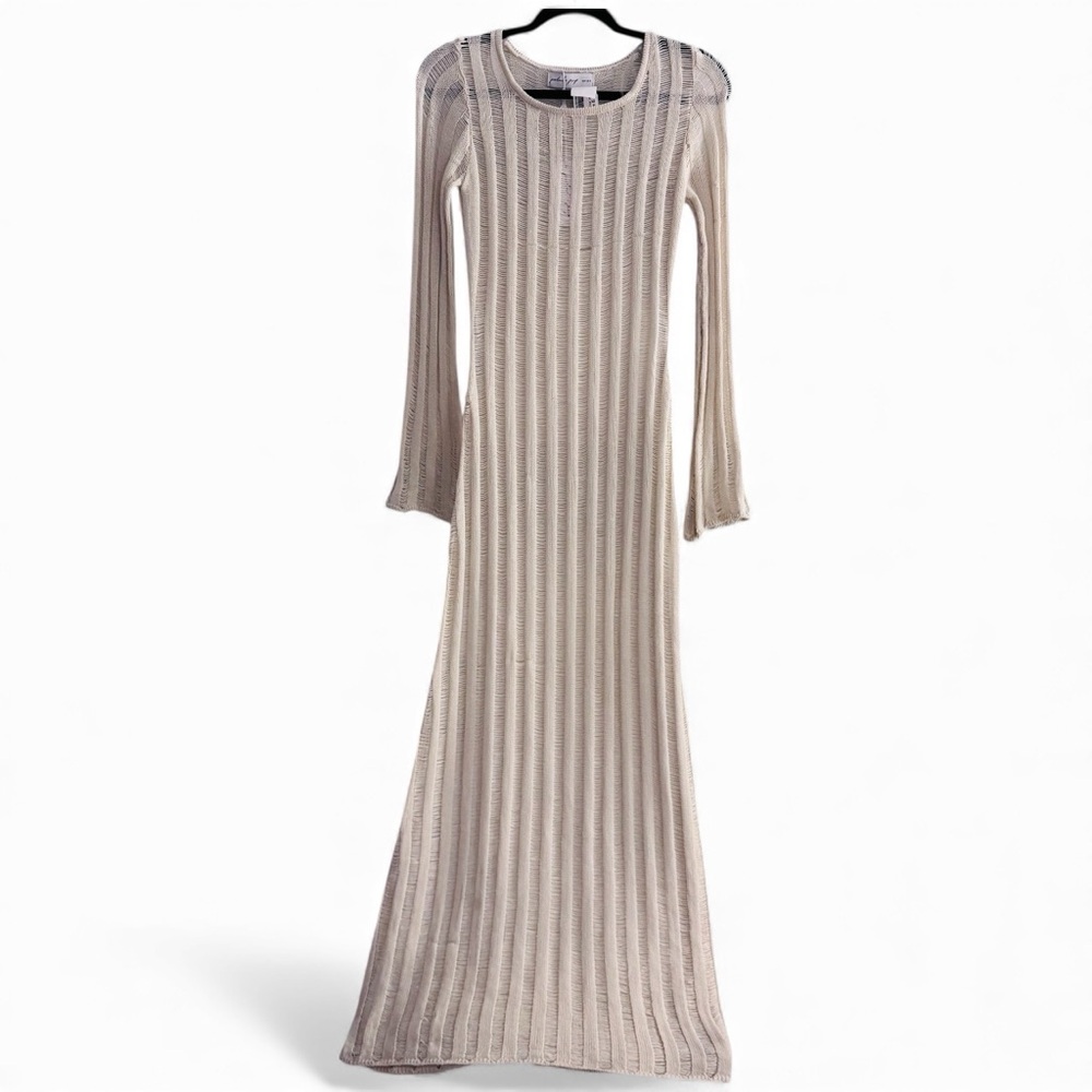 Open Knit Ribbed Maxi Dress Neutral Cream Size XS